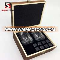 Whiskey Stones Gift Set  8 Granite Chilling Whisky Rocks 2 Crystal Shot Glasses in Wooden Box Premium Bar Accessories